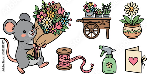 Cute smiling mouse holding colorful flower bouquet with floral cart potted daisy plant spool and love card in hand drawn vector style