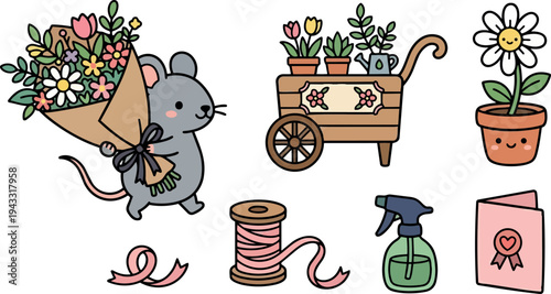 Cute cartoon mouse carrying flower bouquet with floral cart and happy potted daisy smiling handmade objects