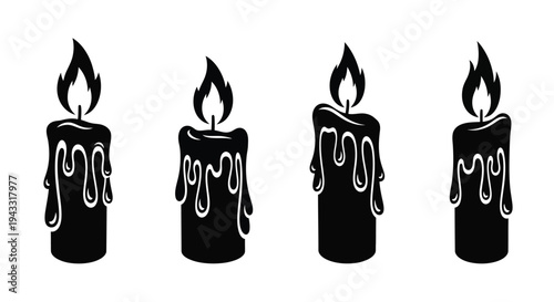 Four dripping wax candles presented in a stark black silhouette