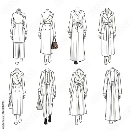 Fashion illustration showcasing a collection of elegant women's outerwear, including various styles of coats and trench coats, presented in a clean, line-art format.