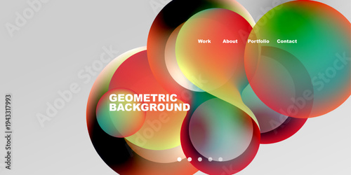 Abstract colorful circles overlap. Text labels present work, about, portfolio, contact. Geometric background design appears modern, vibrant.