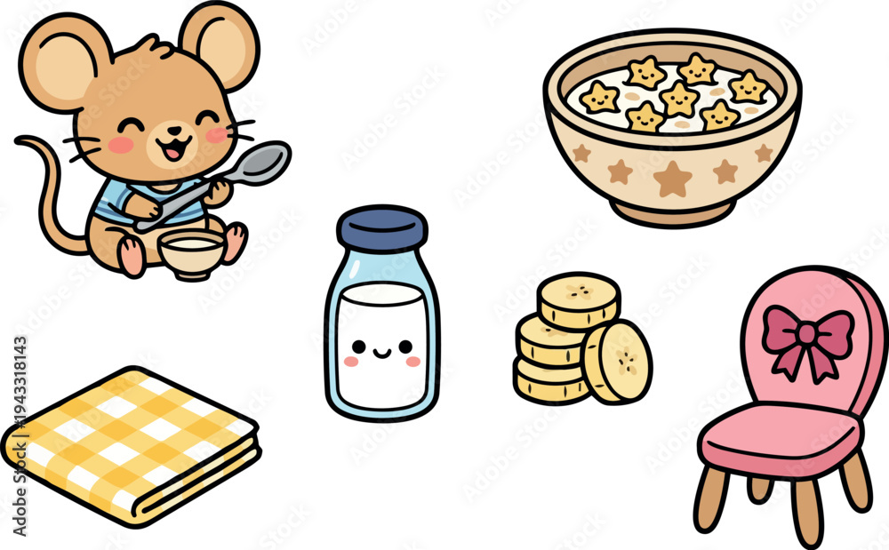 Obraz premium Cute smiling cartoon mouse sitting holding spoon with bowl breakfast cereals spoon milk and pink chair with bow colorful vector art illustration