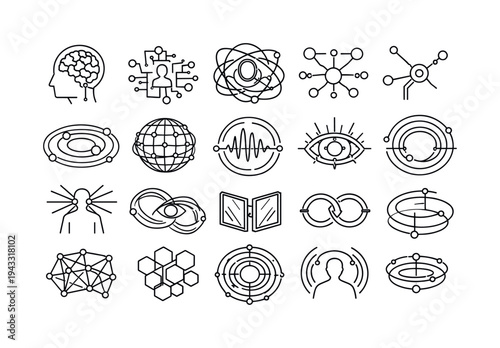 Line vector icons of an AI character convinced of its own reality: self-aware logic nodes, identity-asserting circuits,