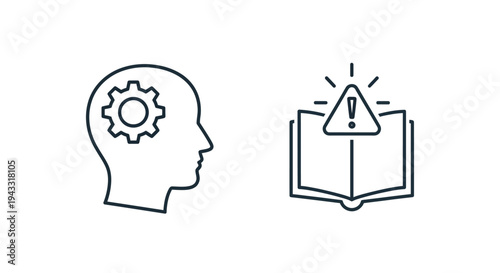 Human head with gears and open book with warning sign silhouette
