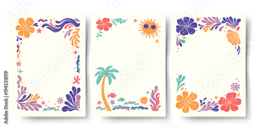 Set of summer frames with shells, tropical flowers, corals. Retro frames with copy space. Groovy style borders.