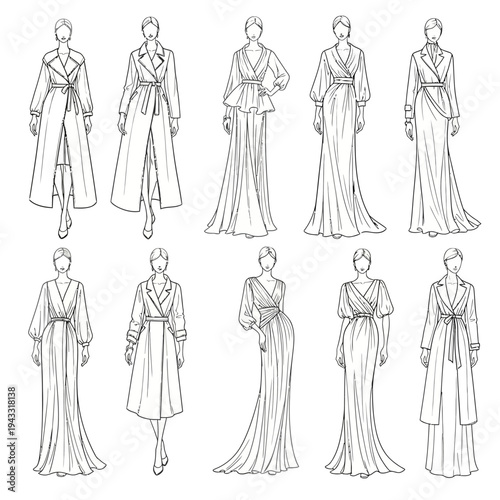 Collection of elegant fashion illustrations showcasing women's formal wear, including trench coats and flowing gowns.