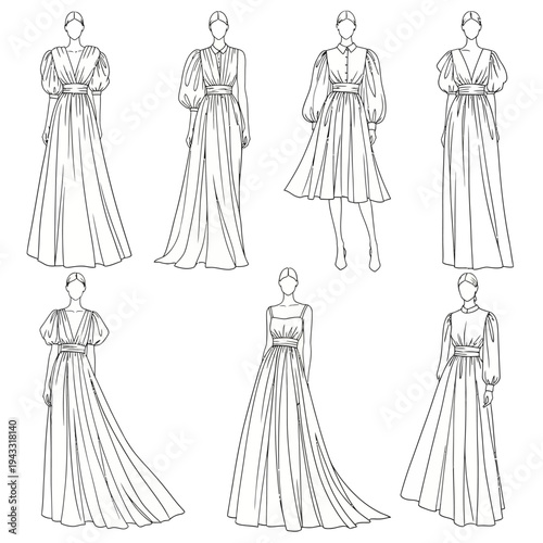Collection of elegant, flowing gowns and dresses with puffed sleeves and cinched waists, presented in a fashion illustration style.