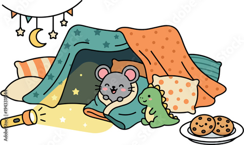 Cute smiling mouse playing inside colorful blanket fort with dinosaur plush and cookies on plate with flashlight shining