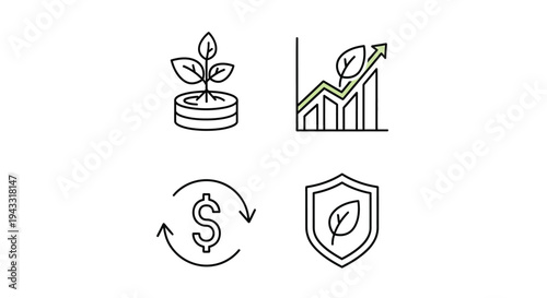 Financial growth concepts with plant and chart icons line silhouette