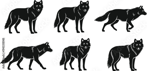 Wolf Silhouette Vector Set, Wild Timber Wolf Mascot, Forest Predator Graphics, Woodcut Style Canine Illustration, Wilderness Nature Design, Alpha Wolf Pack