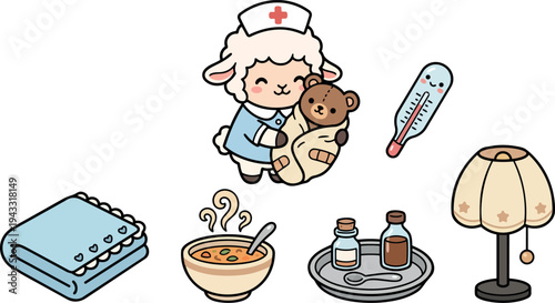 Cute sheep nurse holding teddy bear wrapped in blanket with thermometer blanket soup medicines and lamp vector cartoon set