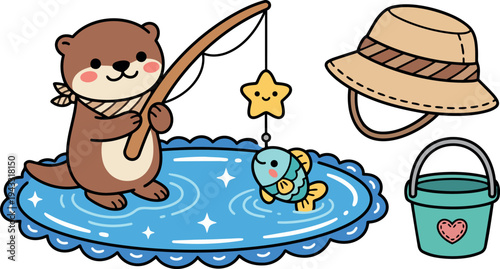Cute cartoon otter fishing with pole catching blue fish beside hat and bucket on blue pond water splash vector art