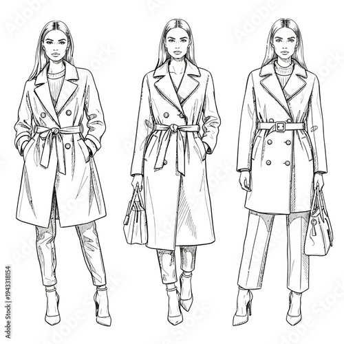 Fashion illustration of three women wearing stylish double-breasted trench coats with belts and carrying handbags, showcasing different pant styles.
