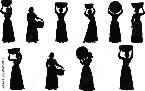 Woman silhouettes set, village lady carrying basket on head, historical female figures, cad drawing flat vector illustration, traditional lifestyle people.