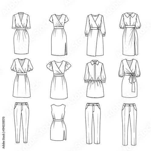 A collection of detailed fashion illustrations showcasing various dress and pant styles, including wrap dresses, shirt dresses, and tailored trousers, presented in a grid layout.
