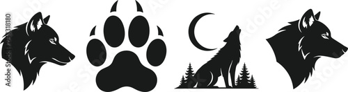 Wolf silhouette set with howling wolf and paw print, cad drawing flat vector illustration, forest predator icons isolated on white.
