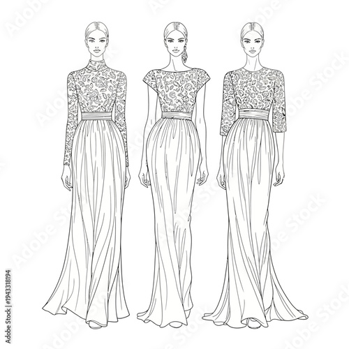 Fashion illustration of three elegant women in floor-length gowns with intricate lace bodices and flowing skirts, showcasing different sleeve lengths and necklines.
