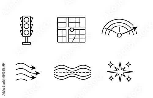 Line vector icons of a city traffic light controlled by predictive traffic model (forecast-driven signals): signal tower, street