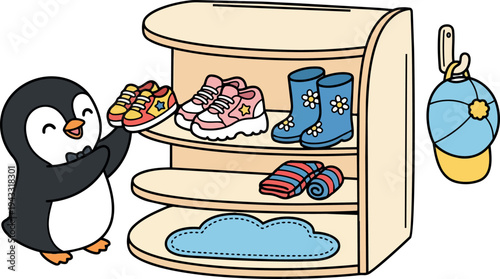 Cute penguin cartoon placing colorful shoes on wooden rack with hat hanging on wall and rolled towels in pastel colors