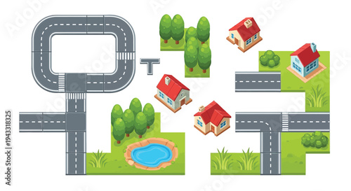 Colorful isometric town map with roads houses trees and a pond