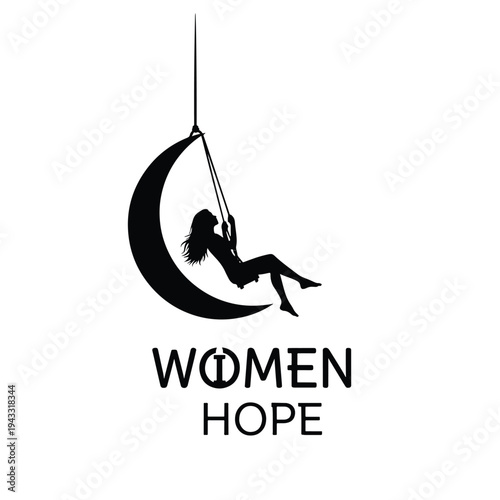 Vector illustration of a woman's silhouette swinging on a crescent moon, embodying hope and dreams.