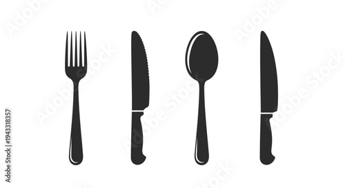Black flatware arrangement depicting dining utensils in a stark silhouette