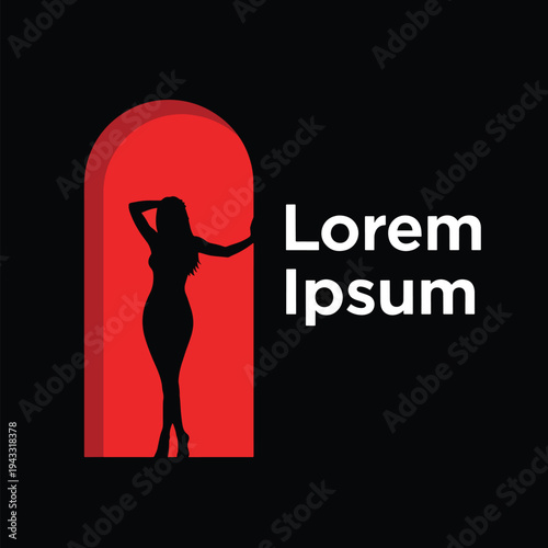 Elegant Woman Silhouette Posing in Red Archway Vector Graphic Illustration on Black Background