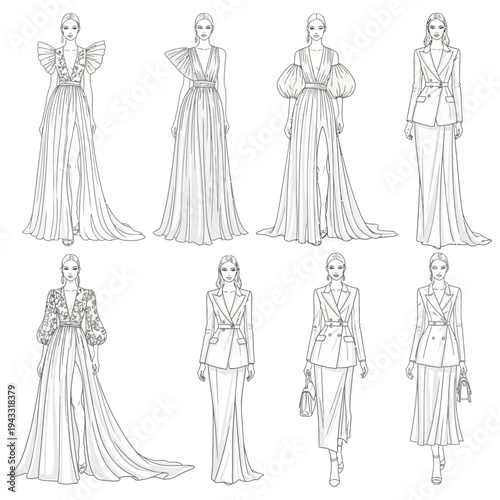 A collection of elegant fashion illustrations showcasing diverse haute couture gowns and sophisticated suits for women.