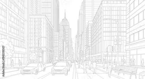 City street with tall buildings.