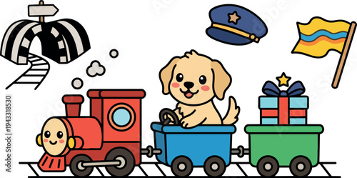 Cute cartoon puppy driving blue train car with red engine near tunnel and colorful flag vector illustration