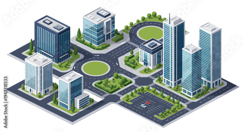 Isometric illustration of a modern city with skyscrapers and green spaces