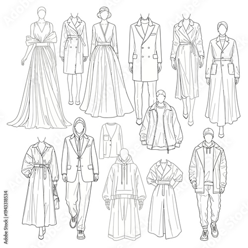 A collection of fashion illustrations showcasing a variety of elegant and contemporary clothing designs for women and men.