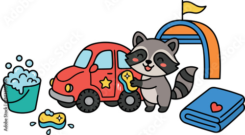 Cute smiling raccoon washing red star decal toy car with sponge near bucket of soap bubbles and folded towel in colorful vector illustration