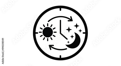 Clock icon displaying sun moon and stars a time cycle silhouette