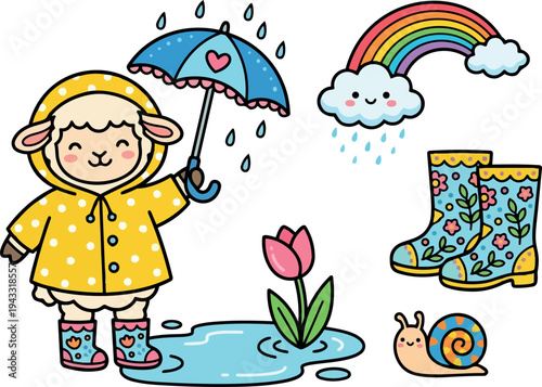 Cute smiling lamb wearing yellow raincoat holding blue umbrella standing near tulip puddle colorful floral rain boots snail and rainbow cloud