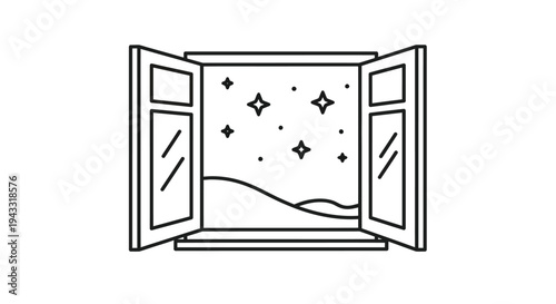 Open window reveals a starry night and rolling hills silhouette