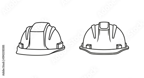 Two construction helmets side and front views black and white silhouette