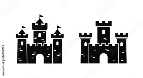 Two black castle outlines with detailed towers and walls silhouette