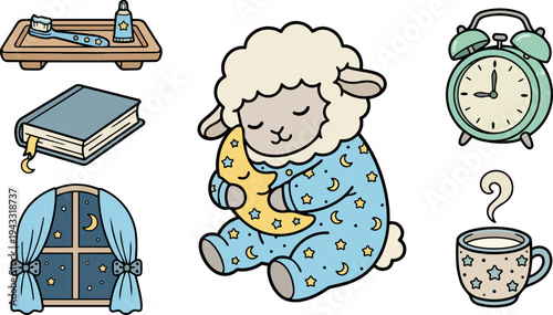 Cute sleeping lamb hugging star moon in blue pajamas with stars and moons alongside clock book window toothbrush cup nighttime