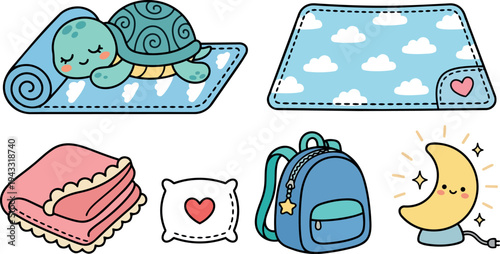 Cute cartoon sleeping turtle on rolled cloud blanket with pink folded blanket pillow blue backpack and smiling crescent moon lamp vector set