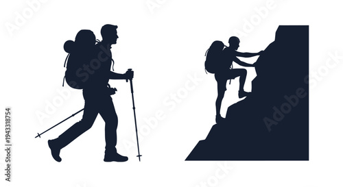 Hikers assisting each other while climbing a rocky mountain silhouette