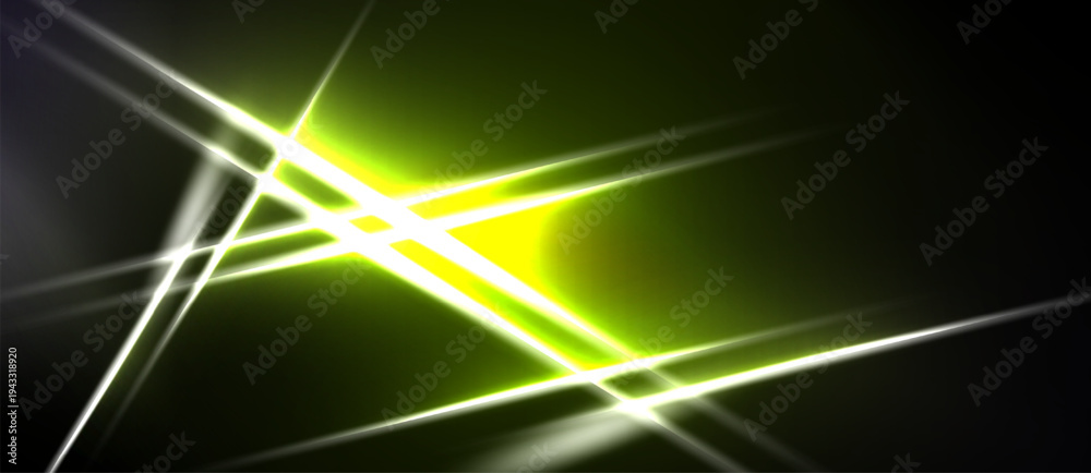 Naklejka premium Abstract energy lines intersect, creating bright yellow glow against dark background. Dynamic composition evokes speed, power.