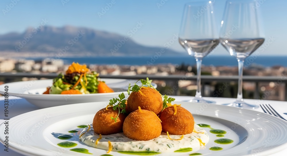 Fototapeta premium Gourmet meal, round golden croquettes with a landscape background, wine glasses, outdoors