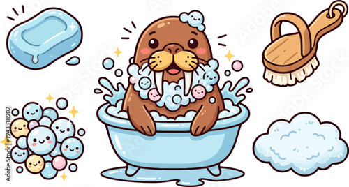 Cute smiling walrus taking a bubbly bath in a blue basin with soap brush and fluffy foam bubbles cheerful cartoon style