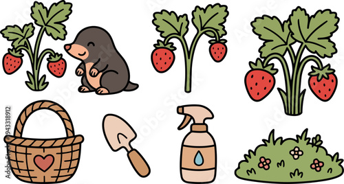 Cute cartoon mole near strawberry plants with basket shovel spray bottle and small flower bush vector art set
