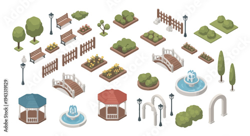 Isometric park elements benches trees bridges and garden decorations