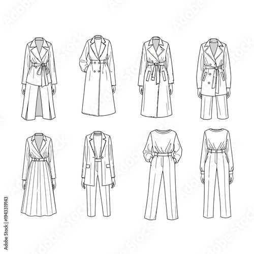 Fashion illustration showcasing a collection of women's outerwear and coordinated outfits, featuring trench coats, blazers, and elegant pant suits.