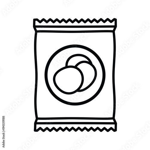 Hand-drawn snack packet icon with round logo, black and white outline