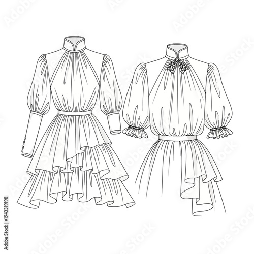 Elegant Victorian-inspired ruffled dress with high neckline and voluminous sleeves, showcasing intricate pleating and layered asymmetrical hemline.