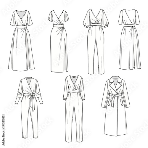 Collection of elegant women's wrap-style garments including dresses, jumpsuits, and a trench coat, presented as fashion illustrations.